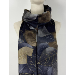 FOULARD  FANTASIA CON FOGLIE NERO-BLU-ORO 100% VISCOSA