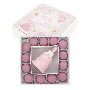 CAMPANELLA ROSA FIOCCO PORCELLANA 5X8 CON BOX PORTACONFETTI