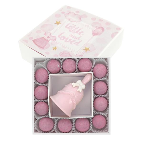 CAMPANELLA ROSA FIOCCO PORCELLANA 5X8 CON BOX PORTACONFETTI