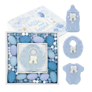 MAGNETE BAVETTA BIBERON VESTITINO CIELO + FIOCCO PORCELLANA 6X6,5 CON BOX PORTACONFETTI