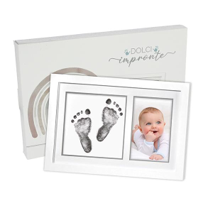 CORNICE PORTAFOTO CON KIT INCHIOSTRO IMPRONTA MANI/PIEDI NEONATO (tutto 36x23,5 p/foto int.9x15)