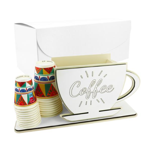 PORTACIALDE CAFFE A FORMA DI TAZZA SABBIA LEGNO 28X10 H.13 +BICCHIERI C/AST.  